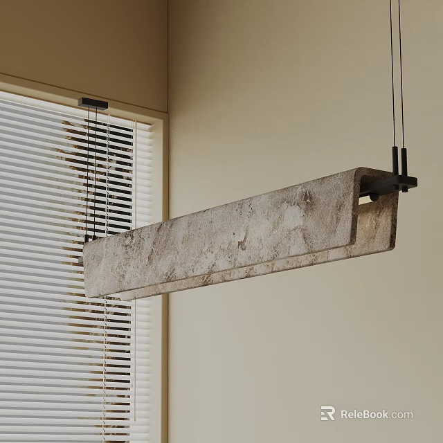 Concrete Style Long Rectangular Pendant Light Hanging Over Light Colored Wall With Window Blinds 3d model