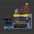 Cartoon Style Coffee Truck with Octopus Chef Hat Cup Headphone and Pasta on Blue Wheels
