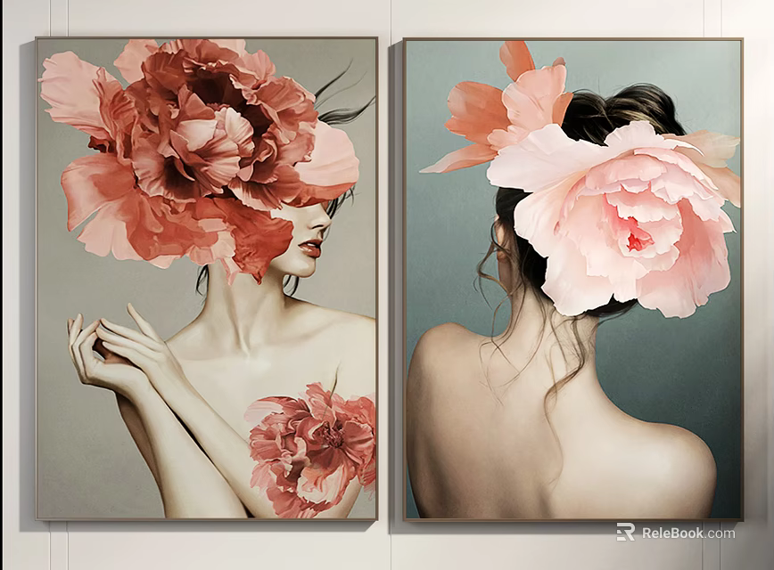 Elegant Female Portrait Paintings With Red Pink Floral Headpieces And Side Back Views 3d model 