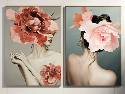 Elegant Female Portrait Paintings With Red Pink Floral Headpieces And Side Back Views 3d model