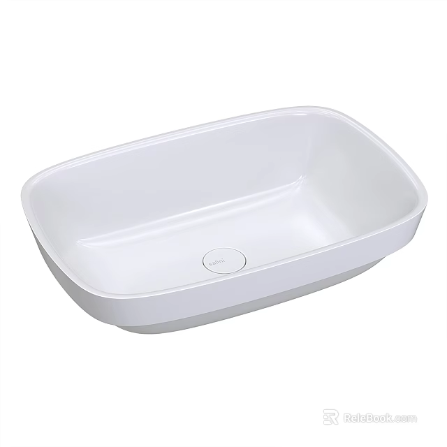 White Porcelain Rectangular Countertop Washbasin With Smooth Surface And Central Drain Hole 3d model 