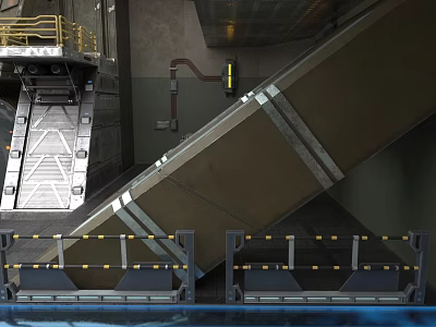 Swing Door In Industrial Environment With Metal Structure Yellow Railings And Blue Floor 3d model