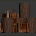 Wooden Scene Components Featuring Barrel Shaped And Box Shaped Textured Structures With Transparent Small Object 3d model