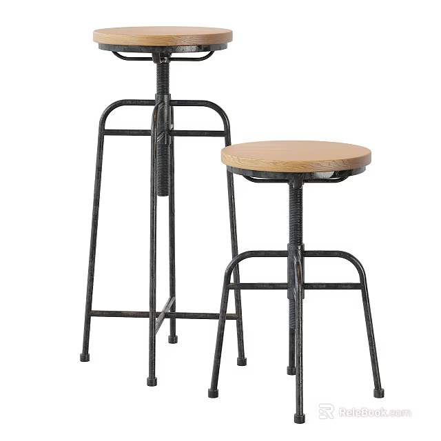 Bar Stools With Black Metal Frame And Round Wooden Seat Design 3d model 