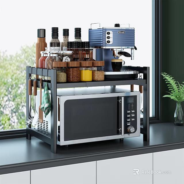 Black Metal Kitchen Shelf With Microwave Coffee Machine And Spice Jars Organizer 3d model 