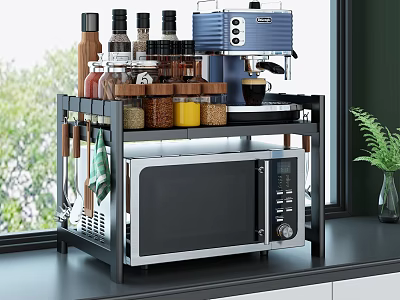 Black Metal Kitchen Shelf With Microwave Coffee Machine And Spice Jars Organizer 3d model