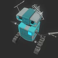 Blue Square Robot Character With Tracked Legs Antennas And Mechanical Arms