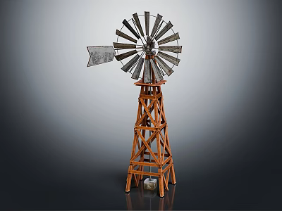 Vintage Wooden Windmill Decorative Furniture With Metal Blades And Sturdy Base 3d model