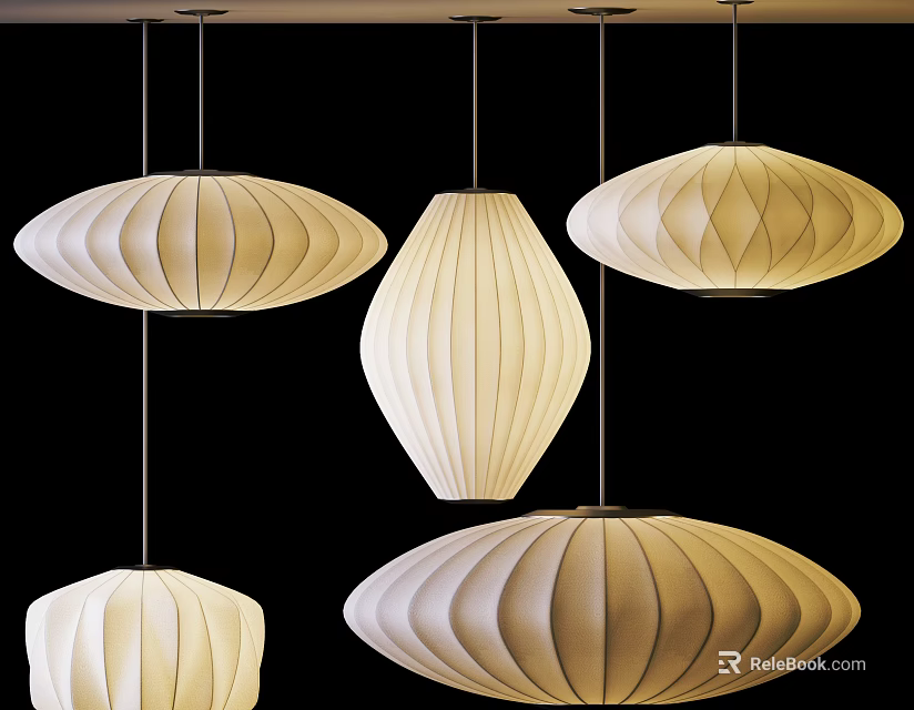 Elegant Modern Pendant Lights Hanging With Different Shapes And Textured White Lampshades 3d model 