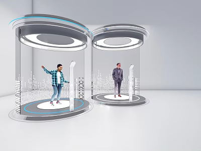 Futuristic Transparent Cylindrical Display Booths Featuring People Data Lines And Light Rings 3d model