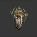 Ornate Golden Shield With Red Gemstone And Intricate Carvings Design