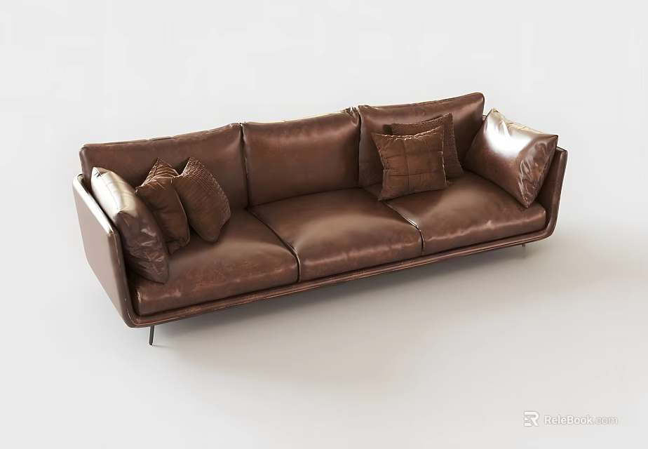 Modern Brown Leather Three Seater Sofa With Plush Cushions And Metal Legs Design 3d model 