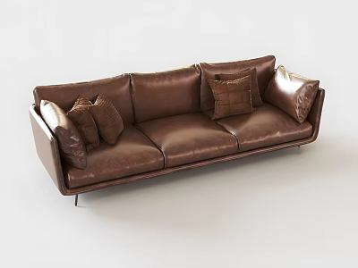 Modern Brown Leather Three Seater Sofa With Plush Cushions And Metal Legs Design 3d model