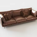 Modern Brown Leather Three Seater Sofa With Plush Cushions And Metal Legs Design