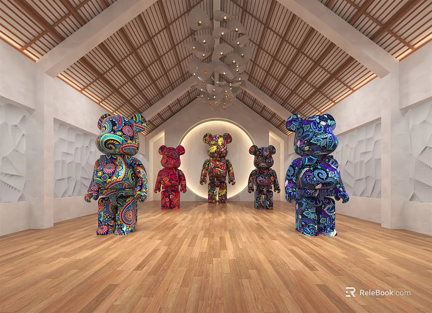 Colorful Bear Sculptures Display In Indoor Exhibition Hall With Wooden Floor And Arched Ceiling 3d model 