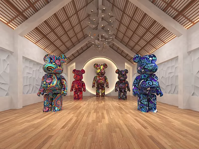 Colorful Bear Sculptures Display In Indoor Exhibition Hall With Wooden Floor And Arched Ceiling 3d model
