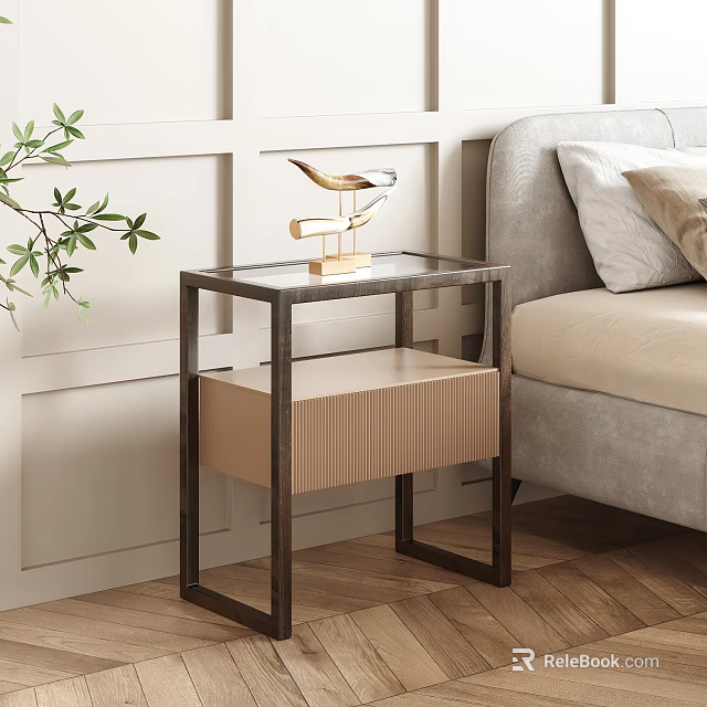 Modern Bedside Table With Metal Frame Glass Top And Wooden Drawer Next To Sofa 3d model 