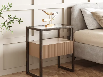 Modern Bedside Table With Metal Frame Glass Top And Wooden Drawer Next To Sofa 3d model