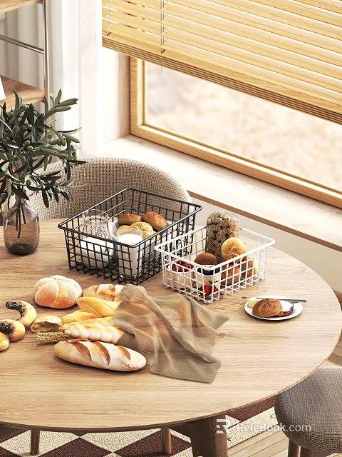Cozy Wooden Round Dining Table With Chairs Near Window Side Bread Fruits And Metal Baskets 3d model 