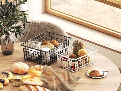 Cozy Wooden Round Dining Table With Chairs Near Window Side Bread Fruits And Metal Baskets 3d model