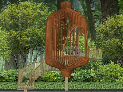 Park Landscape Featuring Orange Lantern Shaped Metal Pavilion With Trees Greenery And Wooden Stairs 3d model