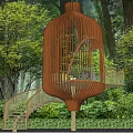 Park Landscape Featuring Orange Lantern Shaped Metal Pavilion With Trees Greenery And Wooden Stairs