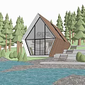 Modern Detached Villa with Triangular Roof Wooden Structure and Large Windows in Forest by River