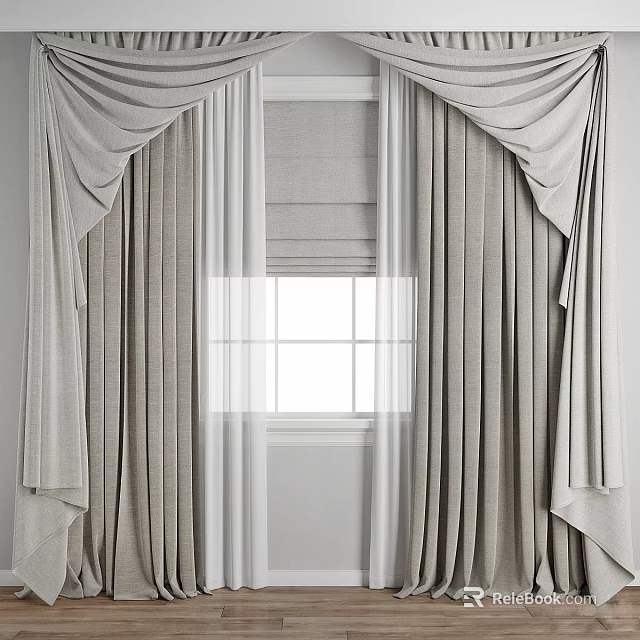 Elegant Beige Layered Curtains With Sheer Panels And Window Valance Design 3d model 