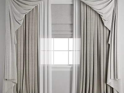 Elegant Beige Layered Curtains With Sheer Panels And Window Valance Design 3d model