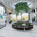 Modern Indoor Space Featuring Circular Pool Central Tree Glass Walls And Display Panels 3d model