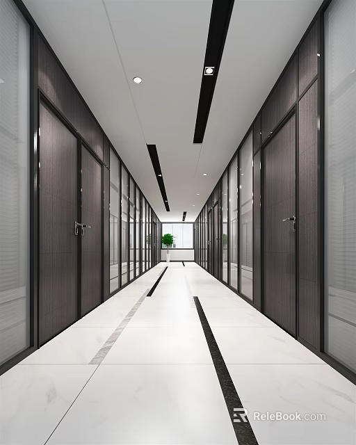 Modern Office Corridor Interior Design With Dark Wooden Doors Glass Partitions And Central Green Plant 3d model 