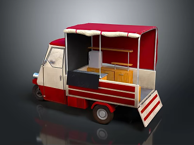 Red and White Mobile Food Cart with Awning Wooden Shelves and Counter 3d model