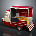 Red and White Mobile Food Cart with Awning Wooden Shelves and Counter