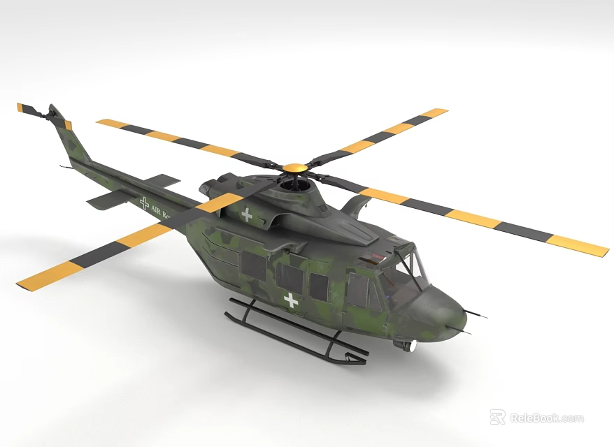 Green Camouflage Military Helicopter With Yellow Black Rotor Blades And Cross Insignia 3d model 