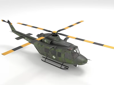 Green Camouflage Military Helicopter With Yellow Black Rotor Blades And Cross Insignia 3d model