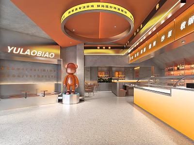 Yulaobiao Restaurant Interior Featuring Monkey Sculpture Orange Yellow Decor Open Counter And Seating Area 3d model