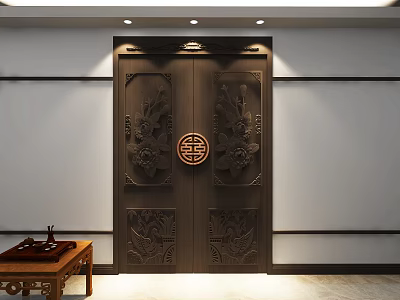 Dark Carved Double Doors With Circular Ornament And Floral Patterns In Chinese Style 3d model