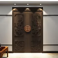 Dark Carved Double Doors With Circular Ornament And Floral Patterns In Chinese Style