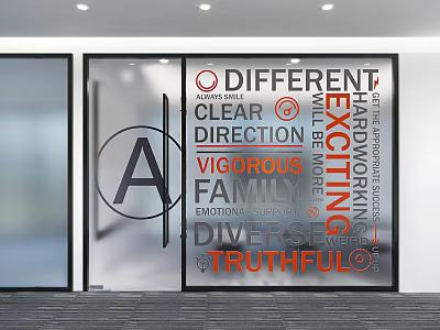Office Glass Door Decor With Letter A And Hardworking Diverse Truthful Words 3d model