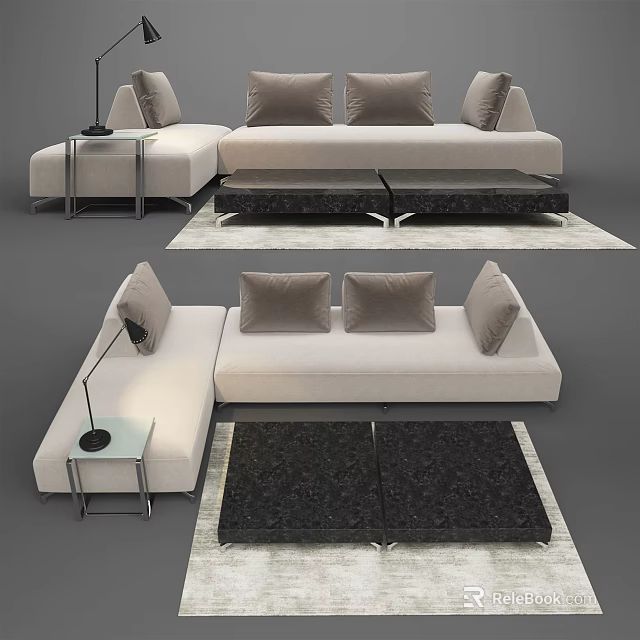 Light Colored Sectional Sofa With Plush Pillows Modern Side Table And Black Area Rug 3d model