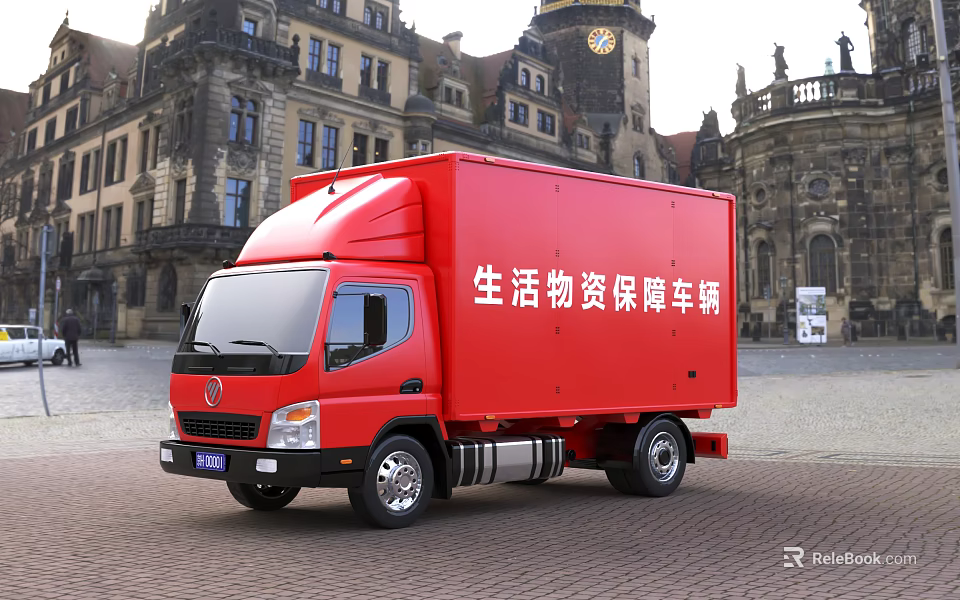 Red Life Supplies Support Vehicle Parked In Square With Ancient Buildings 3d model 