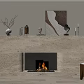 Modern Stone Fireplace With Burning Fire Decorative Items On Mantel And Wooden Stool