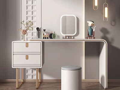 White Modern Dressing Table with Two Drawers Gold Handles Round Stool Mirror and Decorative Items 3d model