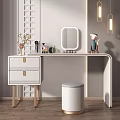 White Modern Dressing Table with Two Drawers Gold Handles Round Stool Mirror and Decorative Items