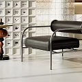 Modern Living Room Black Leather Leisure Chair With Metal Frame And Glass Block Wall