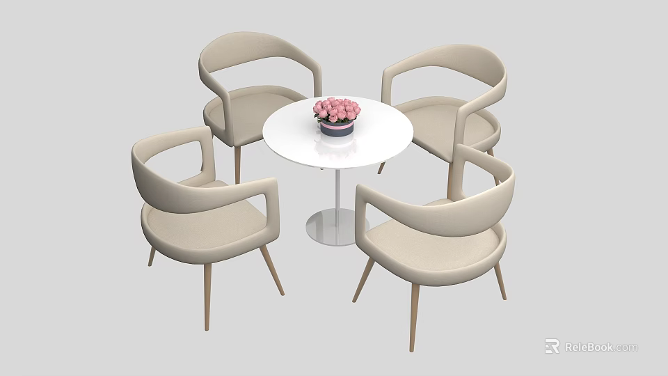 Four Beige Modern Leisure Chairs Around White Round Table With Pink Flowers Vase 3d model 