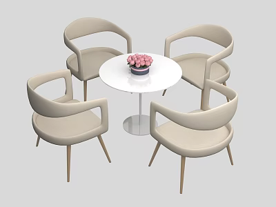 Four Beige Modern Leisure Chairs Around White Round Table With Pink Flowers Vase 3d model