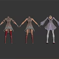 Three Mannequins Wearing Fashionable Clothing Different Styles Brown Purple Dresses Red White Long Boots