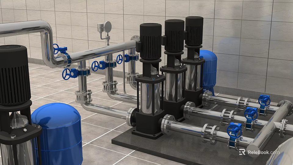 Industrial Equipment Setup With Pumps Pipes Valves And Blue Pressure Tanks 3d model 