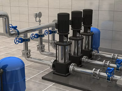 Industrial Equipment Setup With Pumps Pipes Valves And Blue Pressure Tanks 3d model